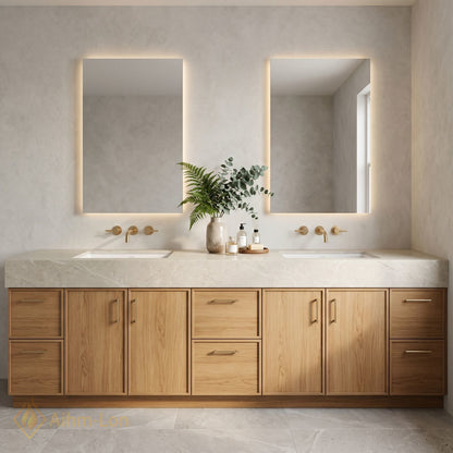 72''-96'' Double Bathroom Vanity with Sink Floating Drawers Wood Grain Finish Marble