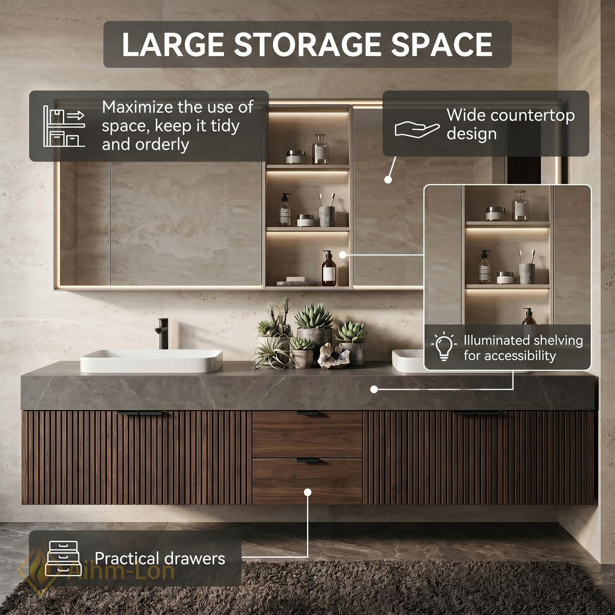 60''-96'' Modern Floating Bathroom Vanity with Sink Dark Walnut Slatted Center Panel