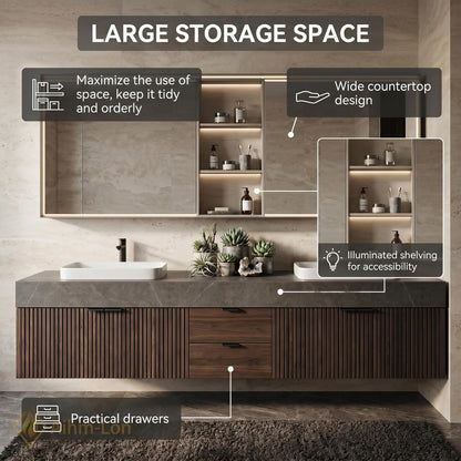 60''-96'' Modern Floating Bathroom Vanity with Sink Dark Walnut Slatted Center Panel