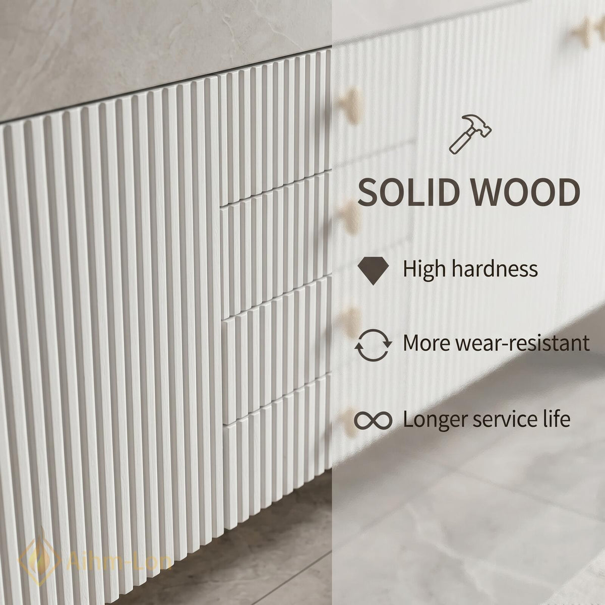 60''-96'' Double Bathroom Vanity with Sink Modern White Ribbed Gold Hardware Center Cabinet