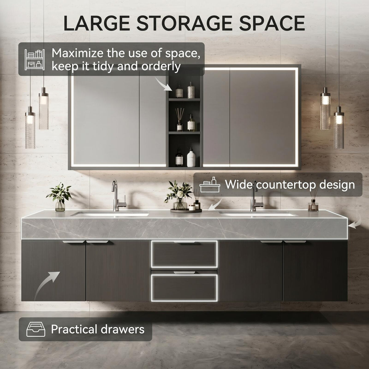60''-96'' Double Bathroom Vanity with Sink Dark Grey Finish Wood-Grain Texture Open Mirror