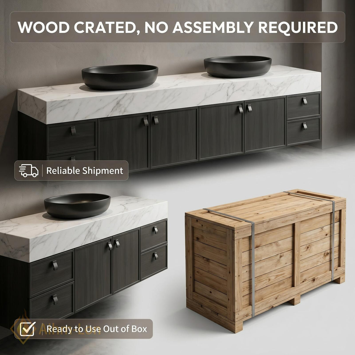 60''-96'' Double Bathroom Vanity with Sink Modern Floating Stone Top Matte Dark