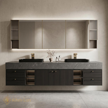 72''-96'' Double Bathroom Vanity with Sink Dark-Walnut Slatted-Panel Floating Elegant