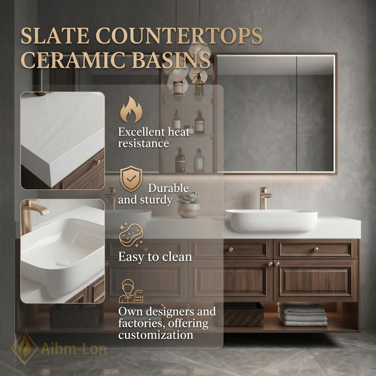60''-96'' Double Bathroom Vanity with Sink Modern Dark Walnut Slatted Center Panel