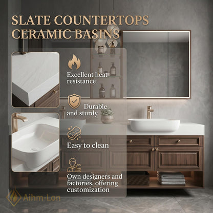 60''-96'' Double Bathroom Vanity with Sink Modern Dark Walnut Slatted Center Panel