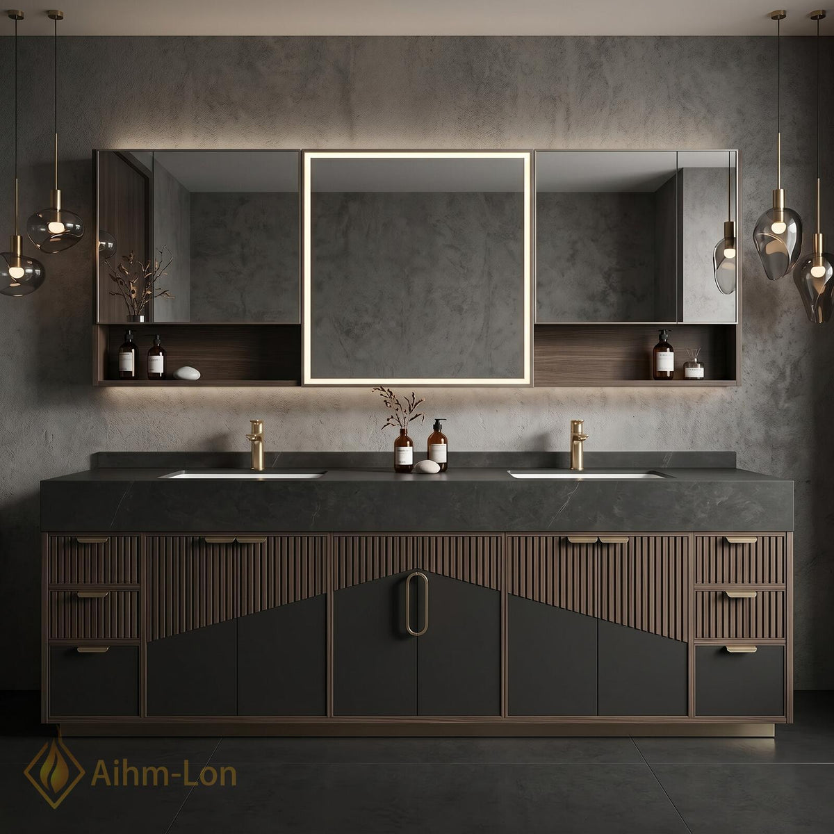 60''-96'' Double Bathroom Vanity with Sink Modern Ribbed Vertical Panels Dark Charcoal