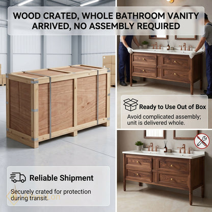 60''-96'' Modern Bathroom Vanity with Sink Walnut White Stone Copper Hardware Drawers