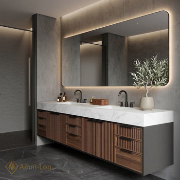 70''-96'' Double Bathroom Vanity with Sink White-Marble White Modern Slatted Design Vented