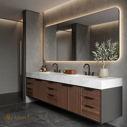70''-96'' Double Bathroom Vanity with Sink White-Marble White Modern Slatted Design Vented