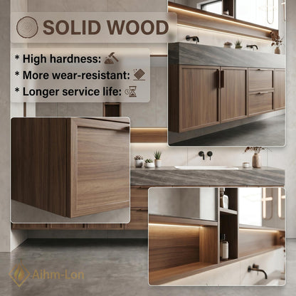 76''-96'' Modern Floating Bathroom Vanity with Sink Warm Wood Grain Wide Counter