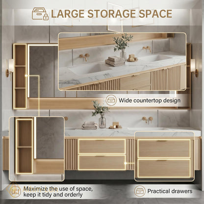 78''-96'' Double Bathroom Vanity with Sink Floating Double Oak Finish Slatted Front