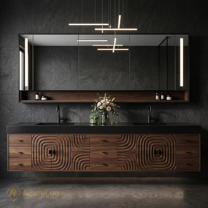 78''-96'' Double Bathroom Vanity with Sink Modern Floating Carved Relief Pattern Wood