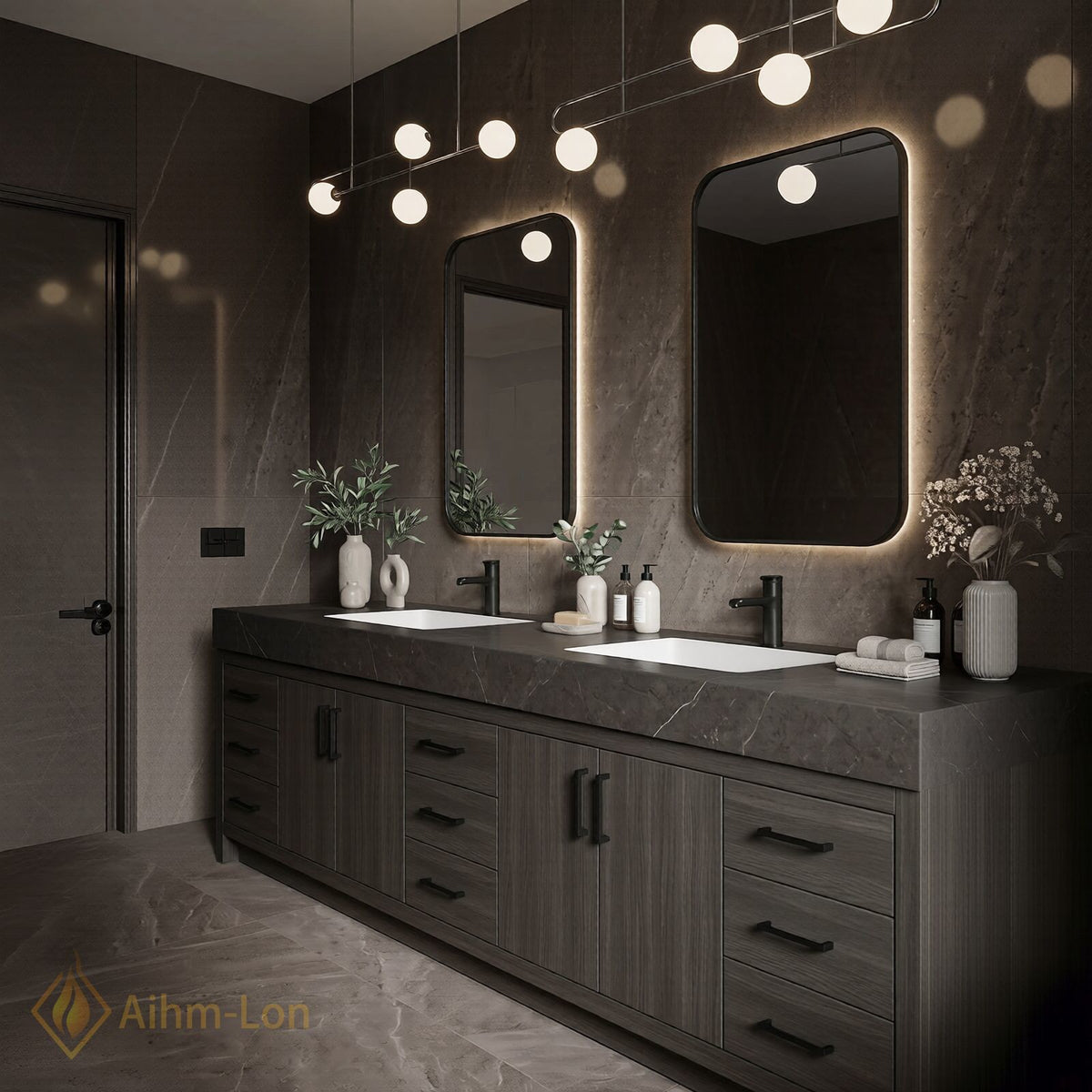 78''-96'' Double Bathroom Vanity with Sink Solid Wood Cabinet Dark Stone Countertop