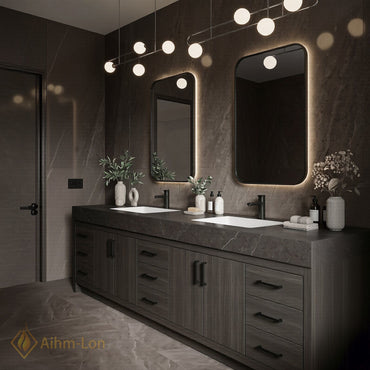 78''-96'' Double Bathroom Vanity with Sink Solid Wood Cabinet Dark Stone Countertop