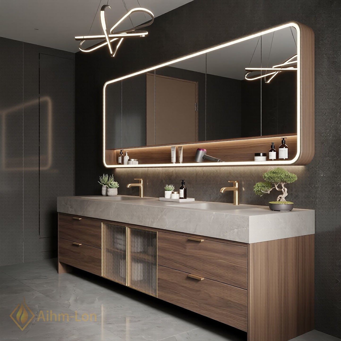 76''-96'' Double Bathroom Vanity with Sink Dark-Walnut Walnut Modern Fluted Glass Doors