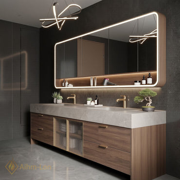 76''-96'' Double Bathroom Vanity with Sink Dark-Walnut Walnut Modern Fluted Glass Doors
