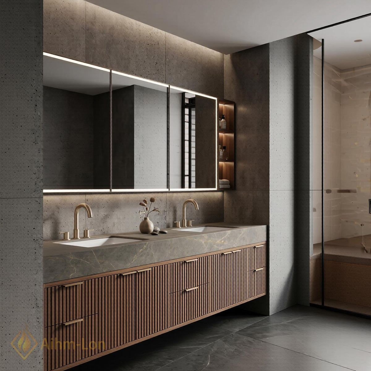 60''-96'' Bathroom Vanity with Sink Modern Floating Grey Stone Top Ribbed Slats