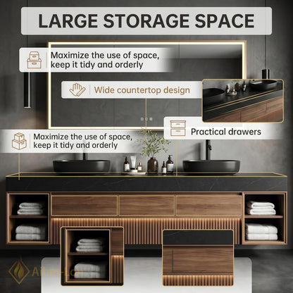 60''-96'' Double Bathroom Vanity with Sink Dark-Walnut Modern Floating Slatted-Panel