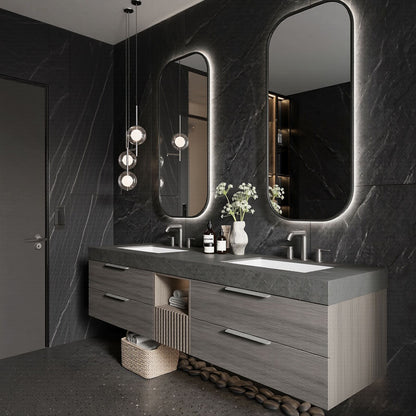60''-96'' Sleek Bathroom Vanity with Sink Dual Sink Dark Stone Floating Wood Cabinet