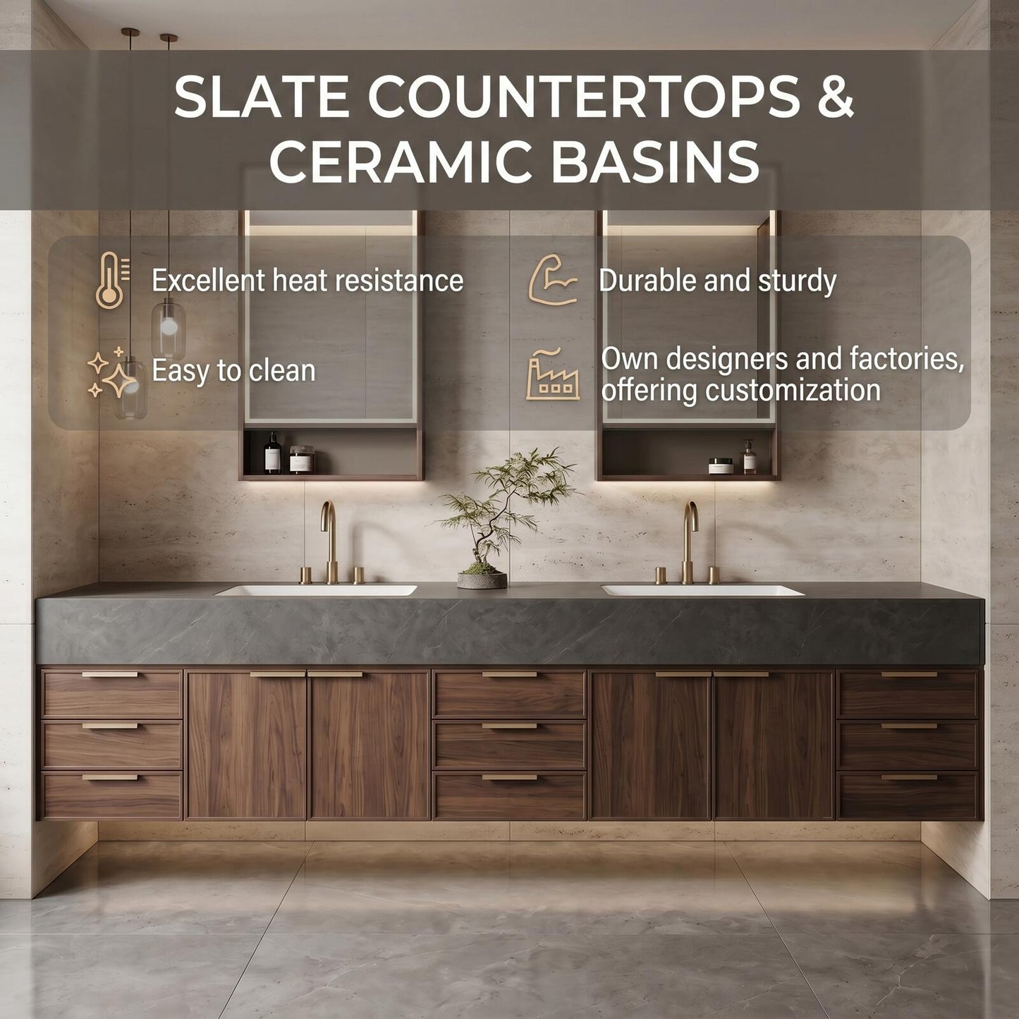 70''-96'' Modern Bathroom Vanity with Sink Double Sink Dark Stone Walnut Drawers Cabinet