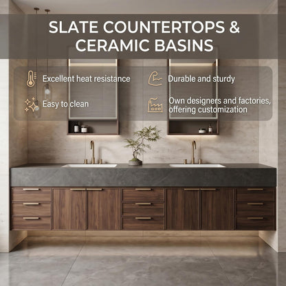 70''-96'' Modern Bathroom Vanity with Sink Double Sink Dark Stone Walnut Drawers Cabinet
