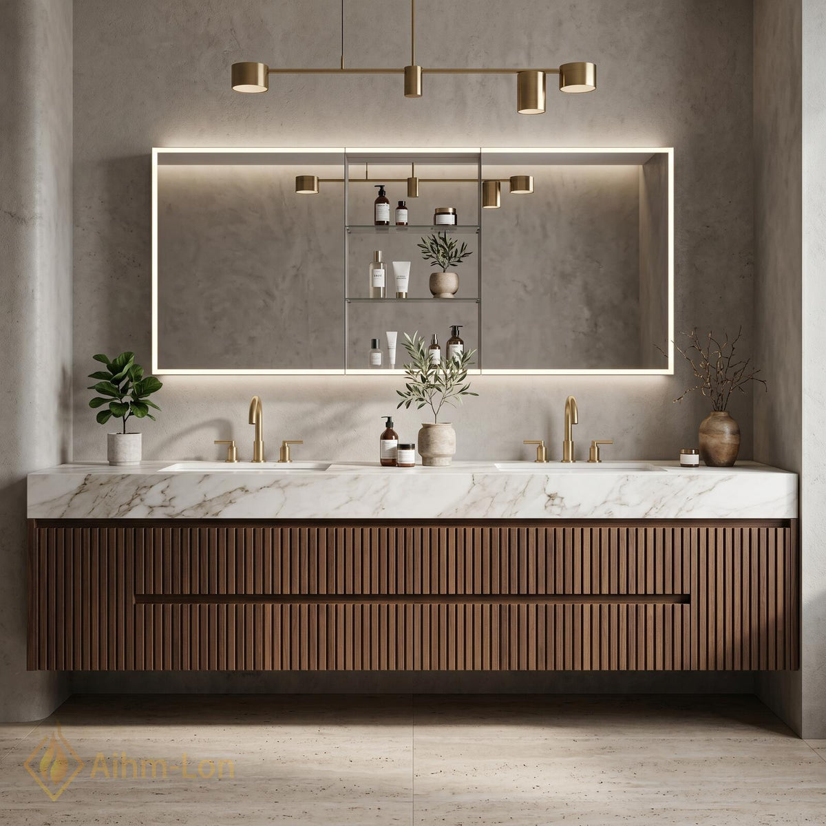 60''-96'' Double Bathroom Vanity with Sink Modern Floating Dark Wood Slats Marble Top