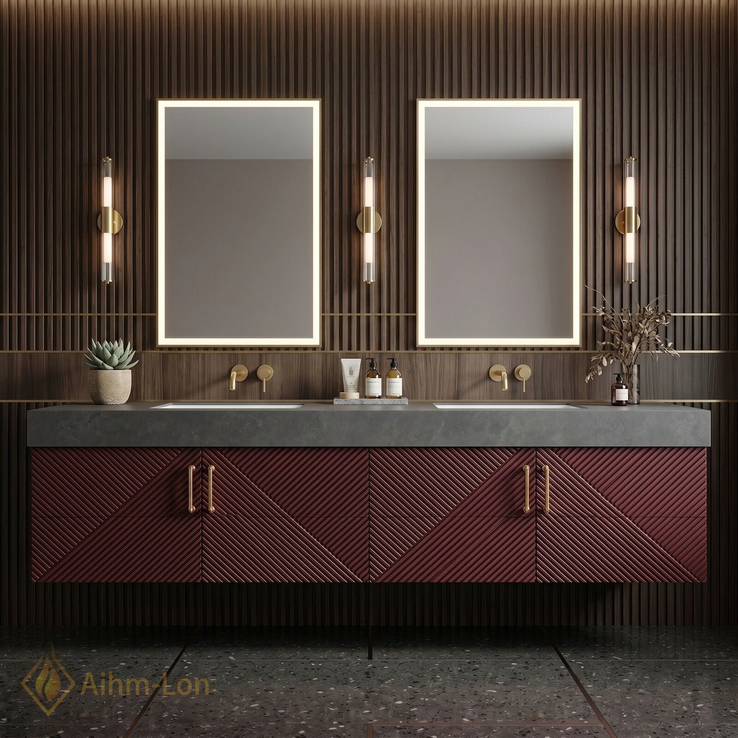 60''-96'' Double Bathroom Vanity with Sink Geometric Ribbed Doors Dark Stone Top
