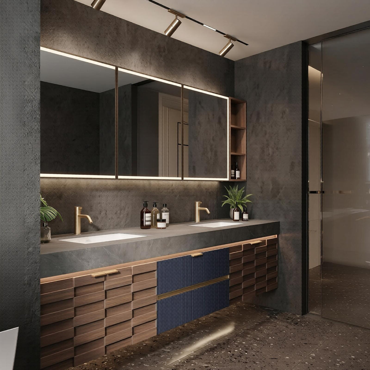 60''-96'' Double Bathroom Vanity with Sink Modern Floating Navy Slats Charcoal Stone Top