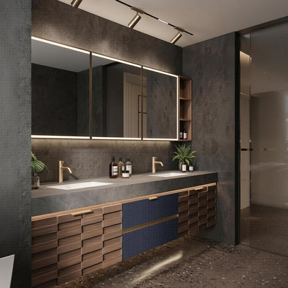 60''-96'' Double Bathroom Vanity with Sink Modern Floating Navy Slats Charcoal Stone Top