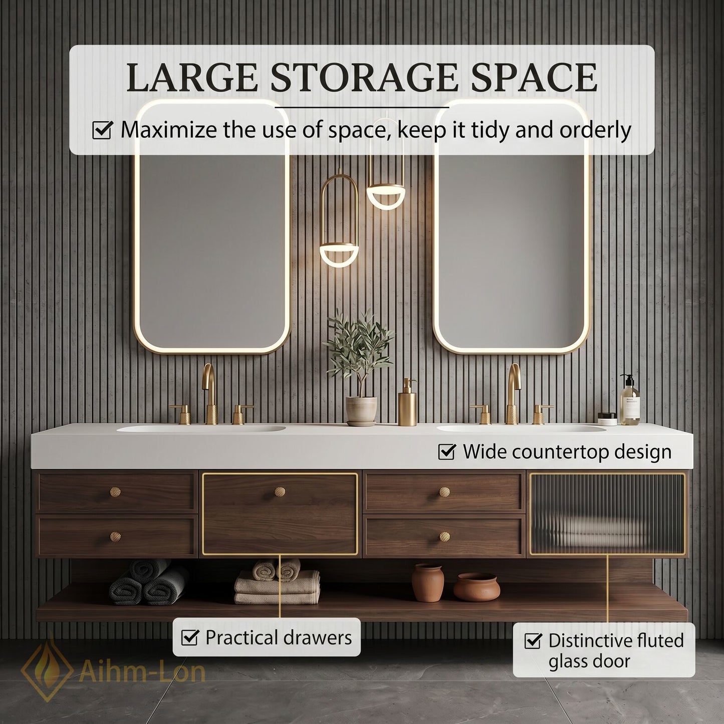 70''-96'' Double Bathroom Vanity with Sink Floating Solid-Wood Elegant Wide Top Frameless