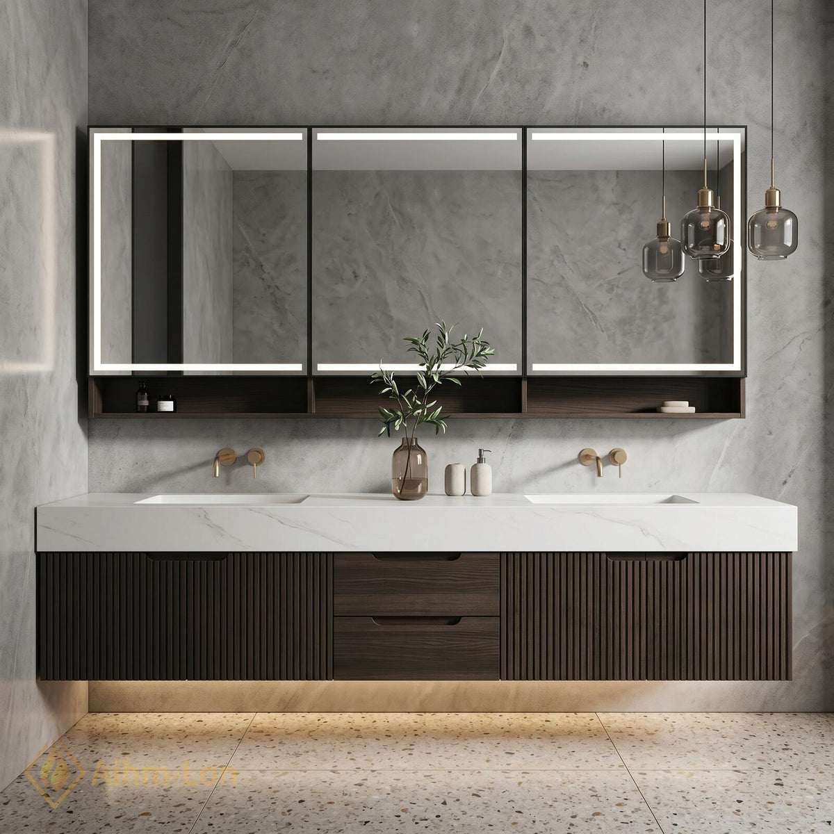 60''-96'' Bathroom Vanity with Sink Modern Floating Two Dark Walnut Finish Slatted