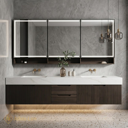 60''-96'' Bathroom Vanity with Sink Modern Floating Two Dark Walnut Finish Slatted