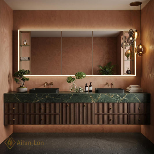 60''-96'' Double Bathroom Vanity with Sink Modern Floating Dark Green Stone Top