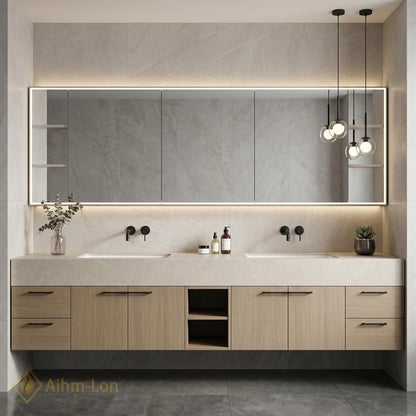 60''-96'' Double Bathroom Vanity with Sink Modern Floating Open Shelving Clean Line