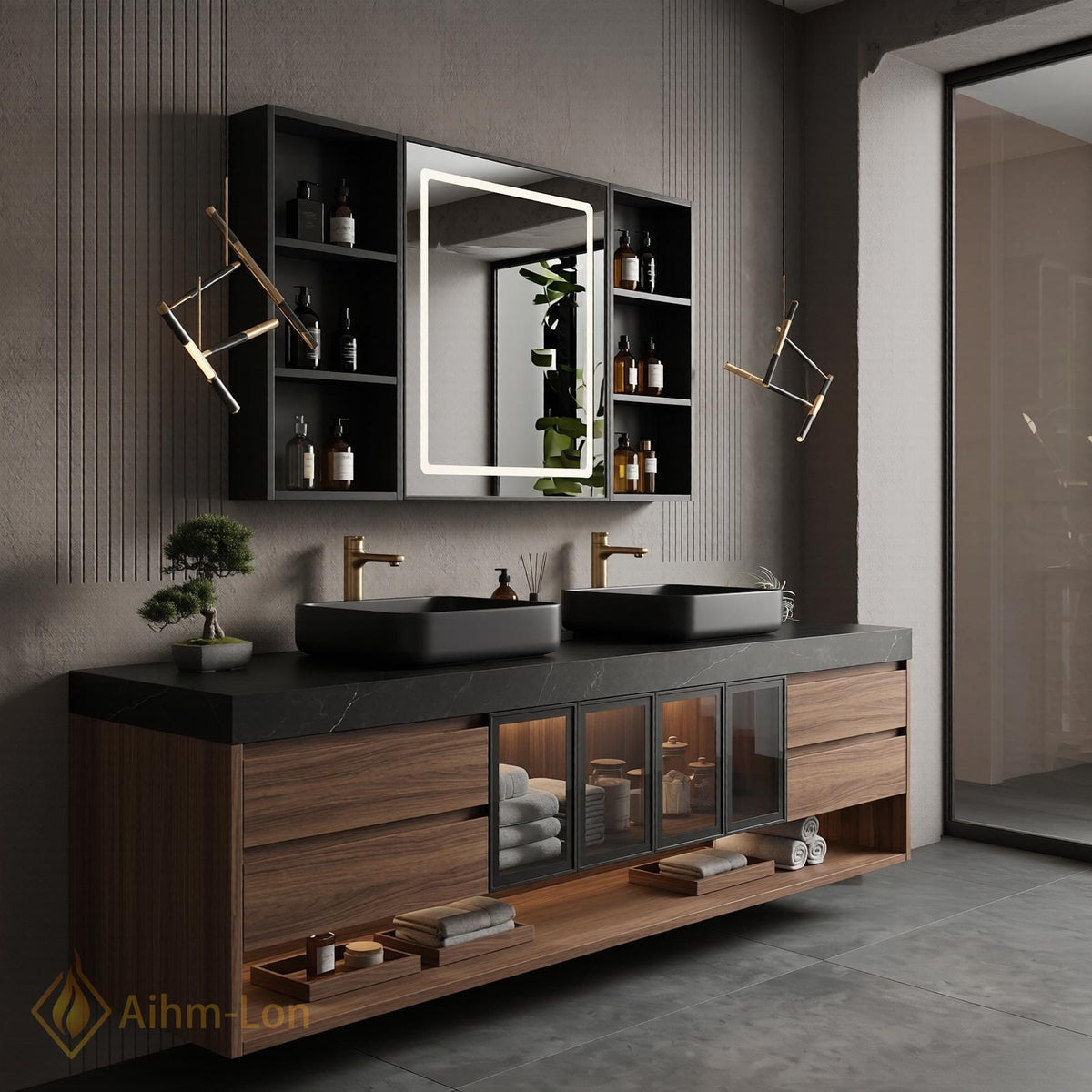 60''-96'' Double Bathroom Vanity with Sink Floating Dark Marble Top Wood Grain