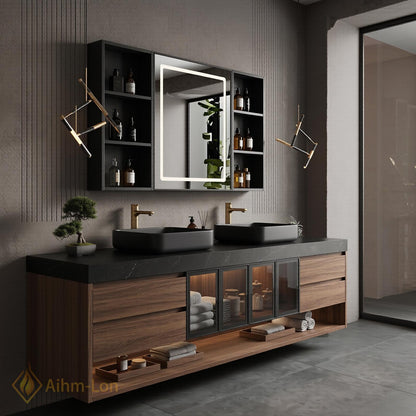 60''-96'' Double Bathroom Vanity with Sink Floating Dark Marble Top Wood Grain