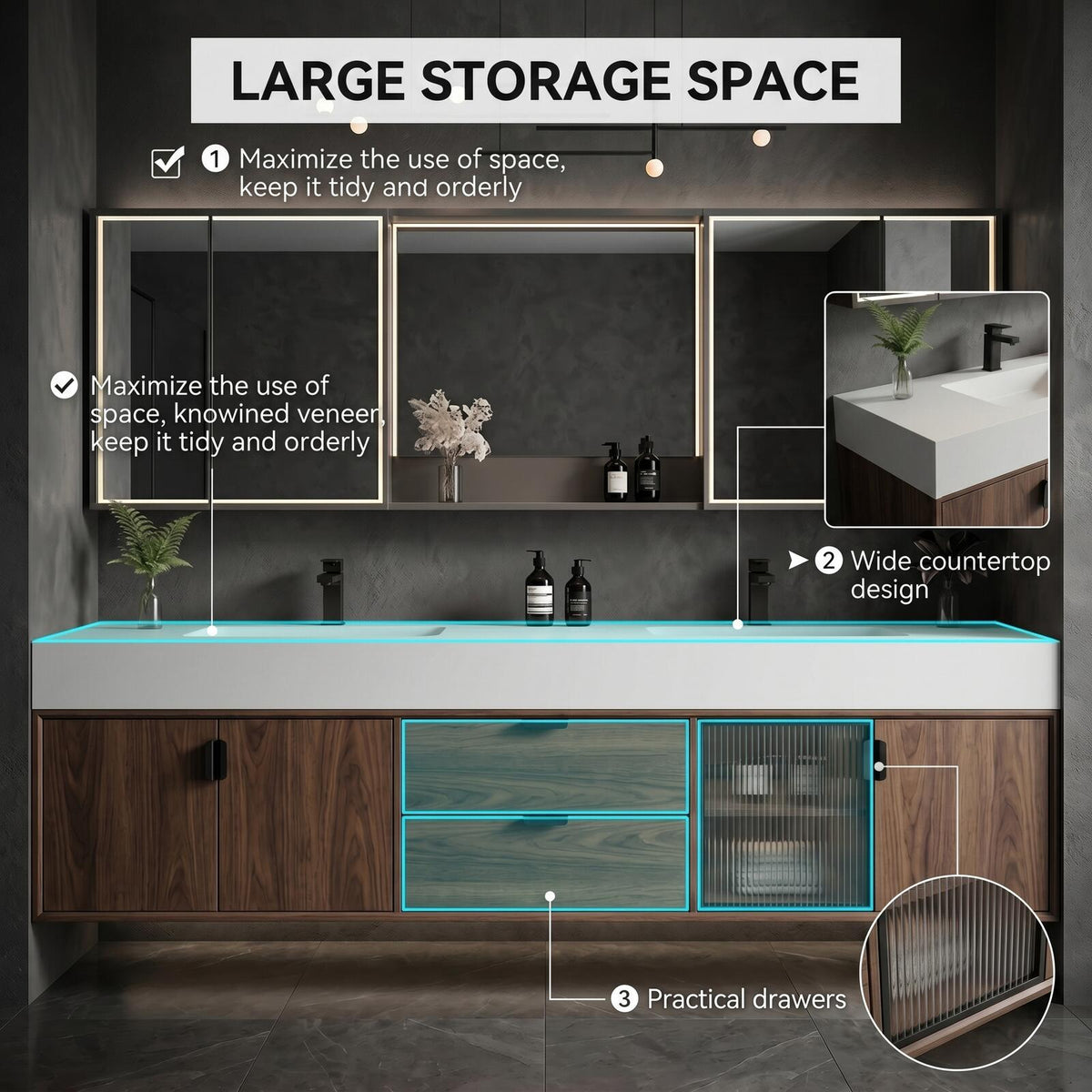 60''-96'' Double Bathroom Vanity with Sink Modern Floating Dark Walnut Glass Door Cabinet