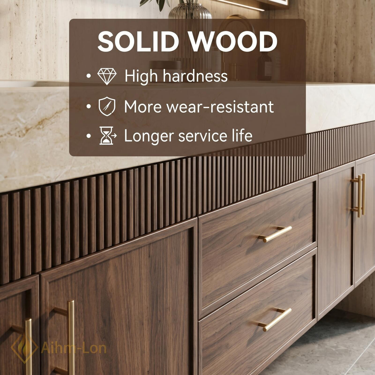 60''-96'' Double Bathroom Vanity with Sink Fluted Front Paneling Warm Wood Spacious Finish