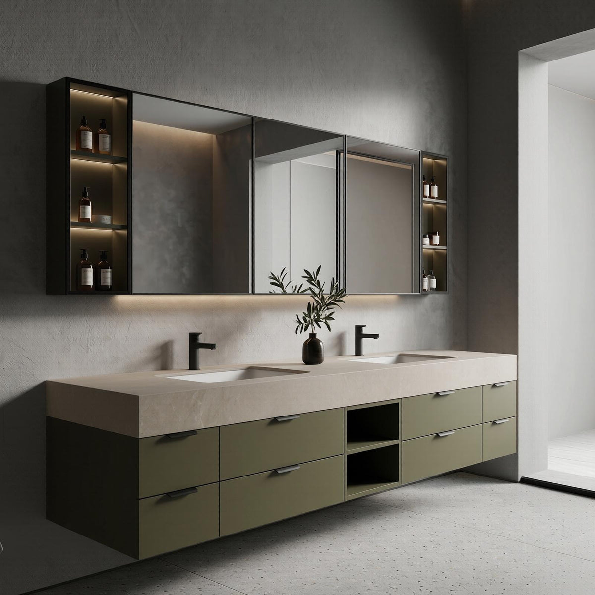 60''-96'' Double Bathroom Vanity with Sink Modern Floating Matte Olive Green Open Shelving