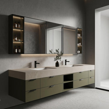 60''-96'' Double Bathroom Vanity with Sink Modern Floating Matte Olive Green Open Shelving