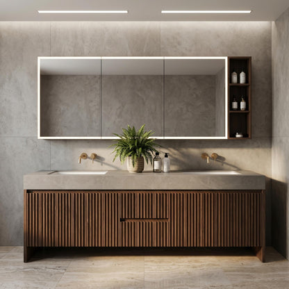 60''-96'' Double Bathroom Vanity with Sink Modern Floating Slatted Center Dark Walnut Finish