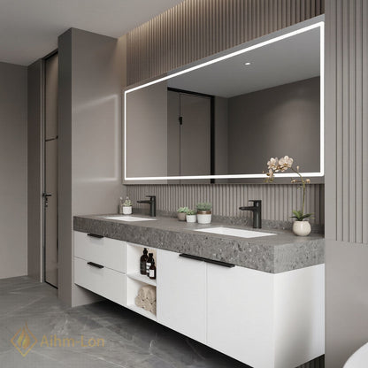 60''-96'' Double Bathroom Vanity with Sink Illuminated Mirror Cabinet Grey Stone Top