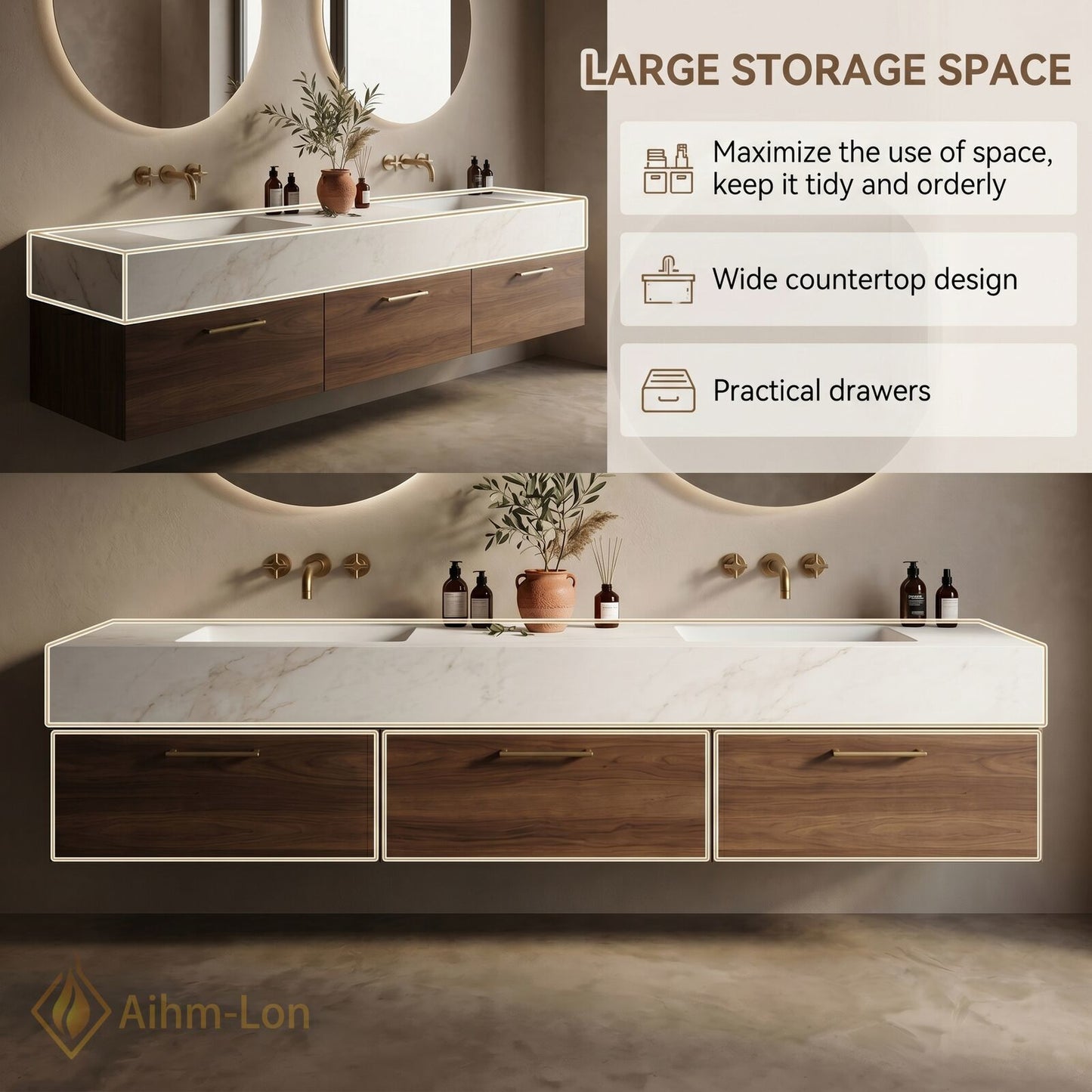 60''-96'' Double Bathroom Vanity with Sink White-Marble White Floating Modern Vanities Texture