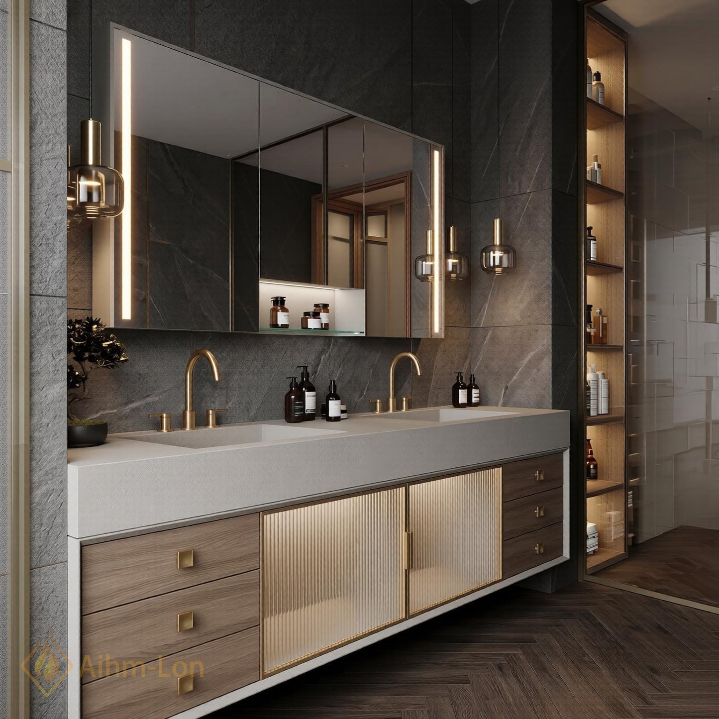 72''-96'' Double Bathroom Vanity with Sink Wood Modern Floating Glass Doors Solid
