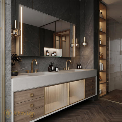 72''-96'' Double Bathroom Vanity with Sink Wood Modern Floating Glass Doors Solid