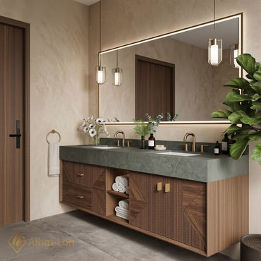 60''-96'' Double Bathroom Vanity with Sink Geometric Slatted Doors Dark Green Stone