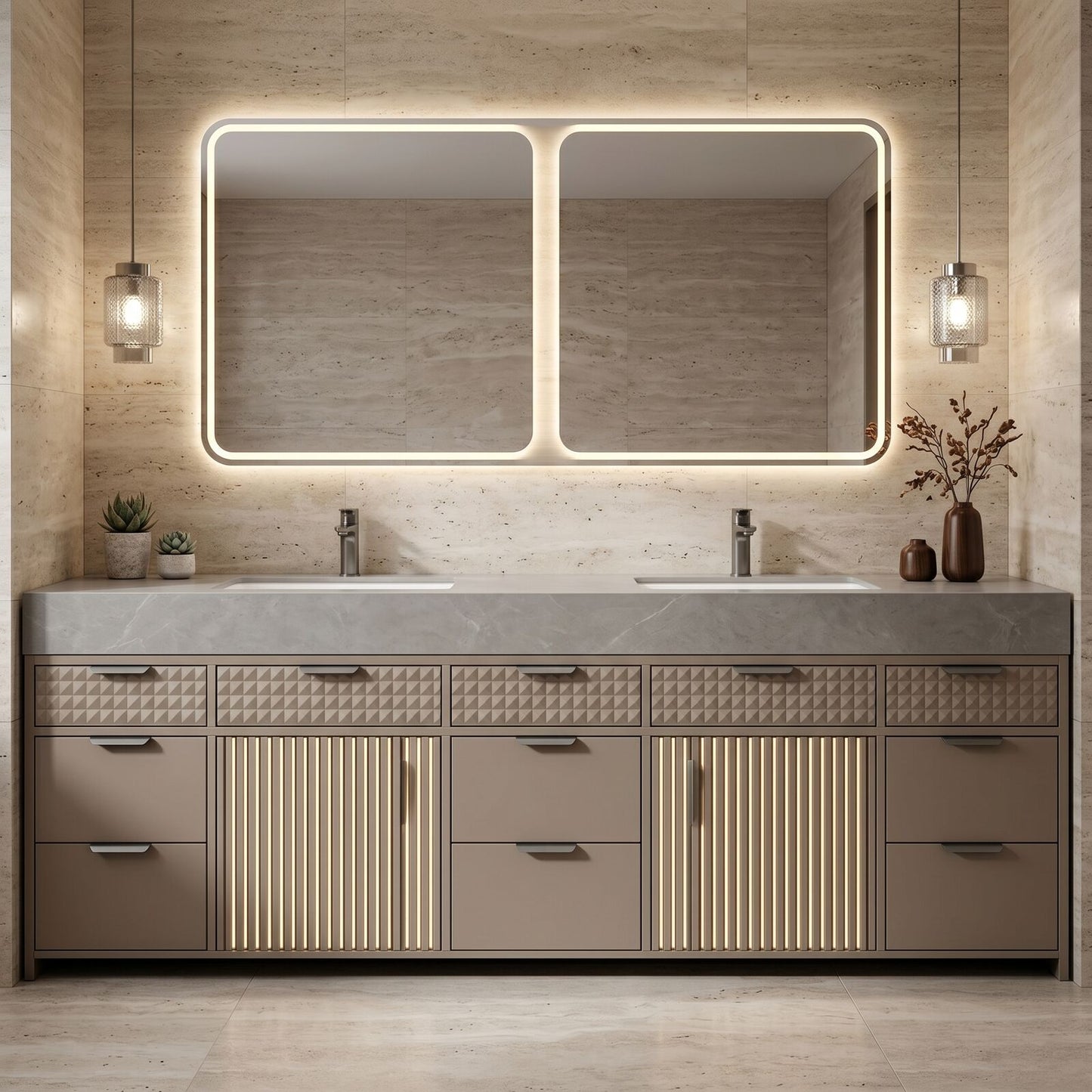 78''-96'' Modern Bathroom Vanity with Sink Double Sink Geometric Textured Grey Storage Cabinet