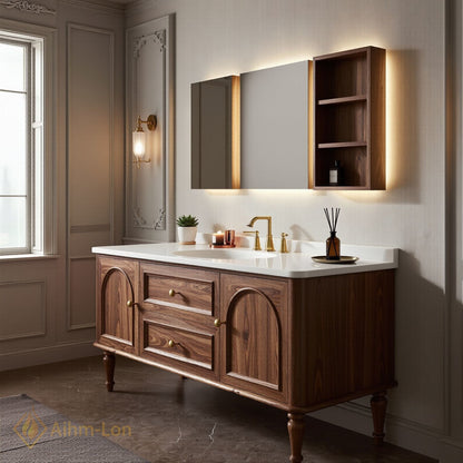 36''-64'' Single Bathroom Vanity with Sink Arched Door Panels Walnut Wood-Grain Finish