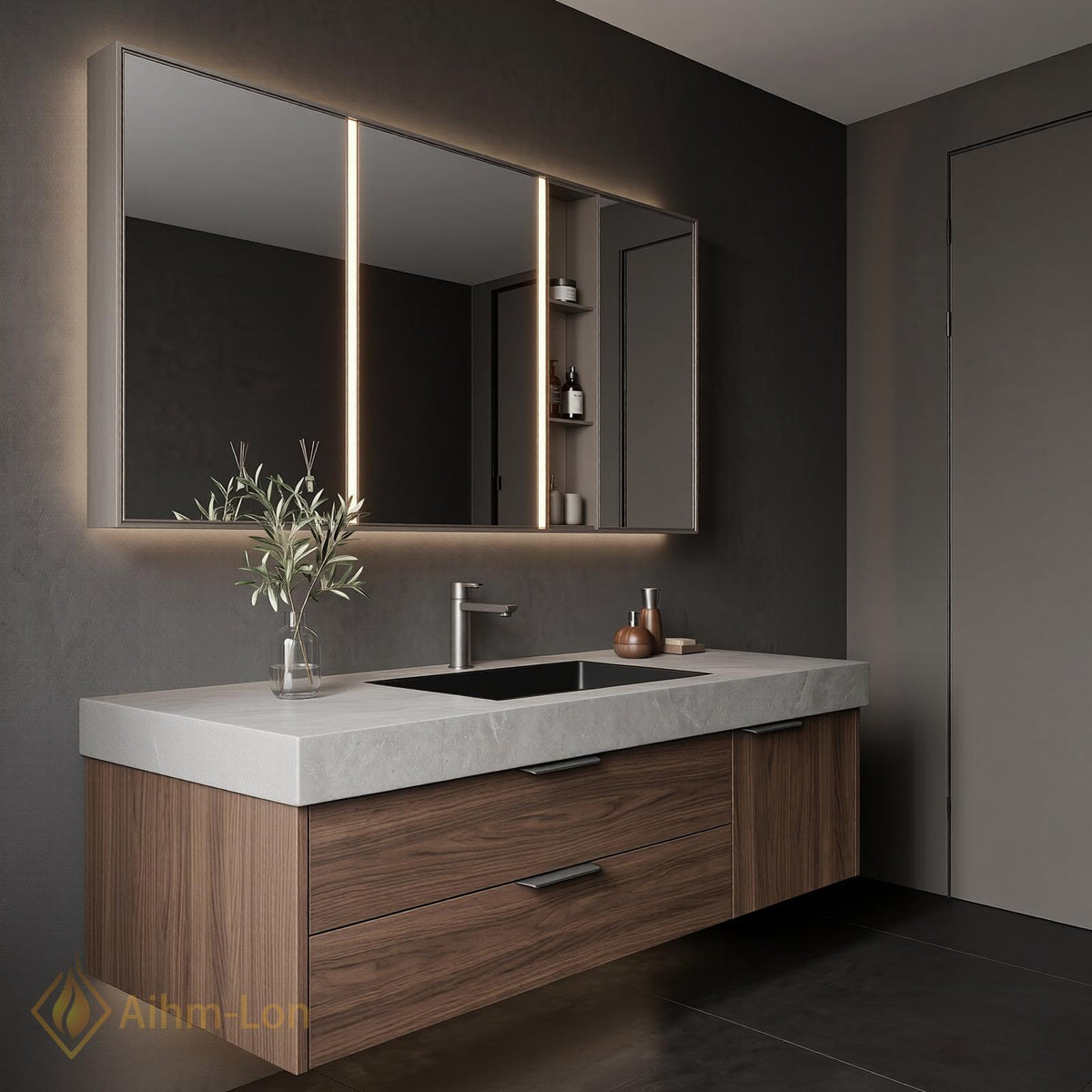 36''-110'' Modern Floating Bathroom Vanity with Sink Sintered Stone Top Hidden Drawers
