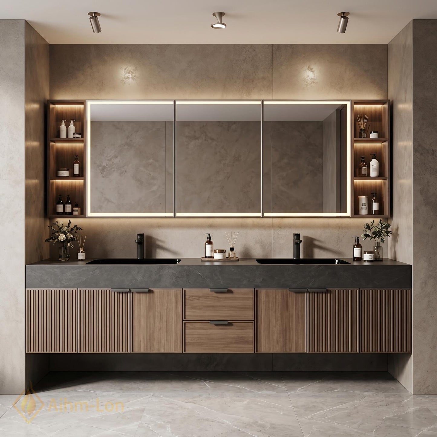 60''-96'' Double Bathroom Vanity with Sink Modern Floating Ribbed Wood Dark Stone